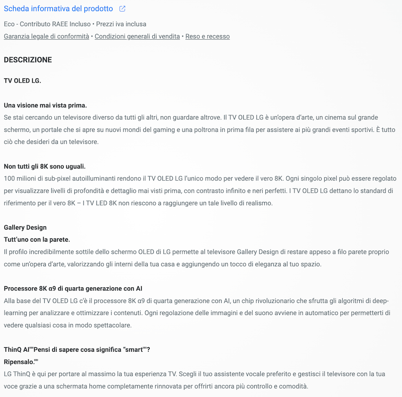 Descrizione dettagliata scheda prodotto TV