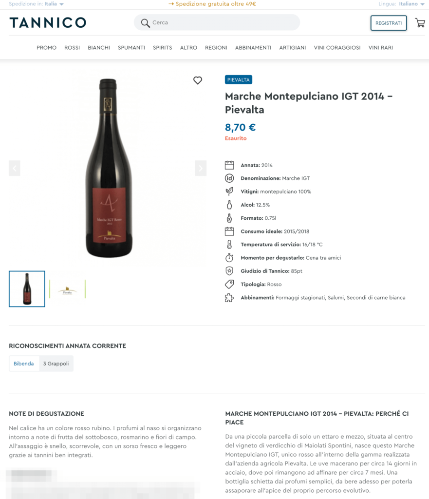 Esempio contenuto per la scheda prodotto di una bottiglia di vino